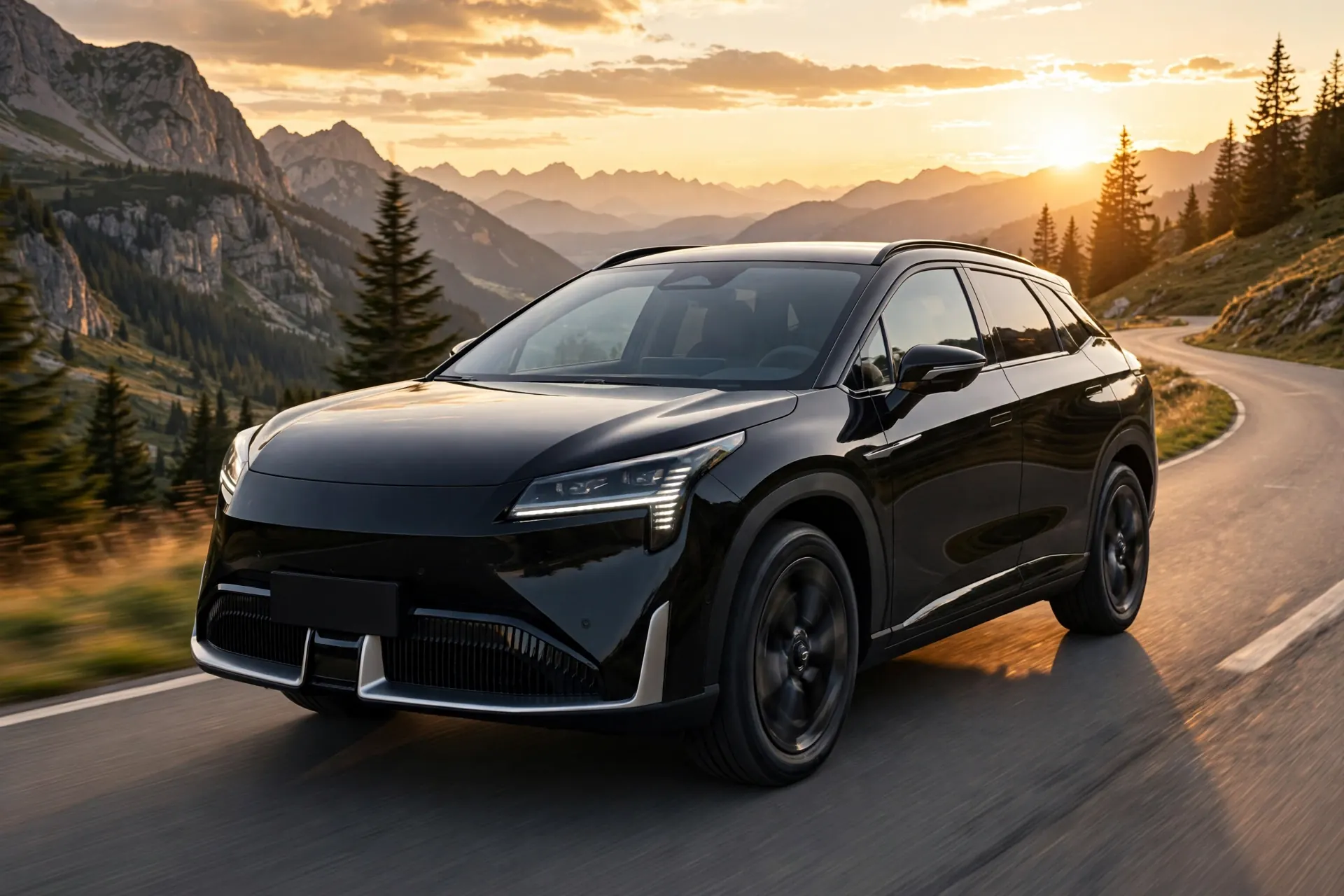 Aion LX Plus negro en carretera de montaña al atardecer