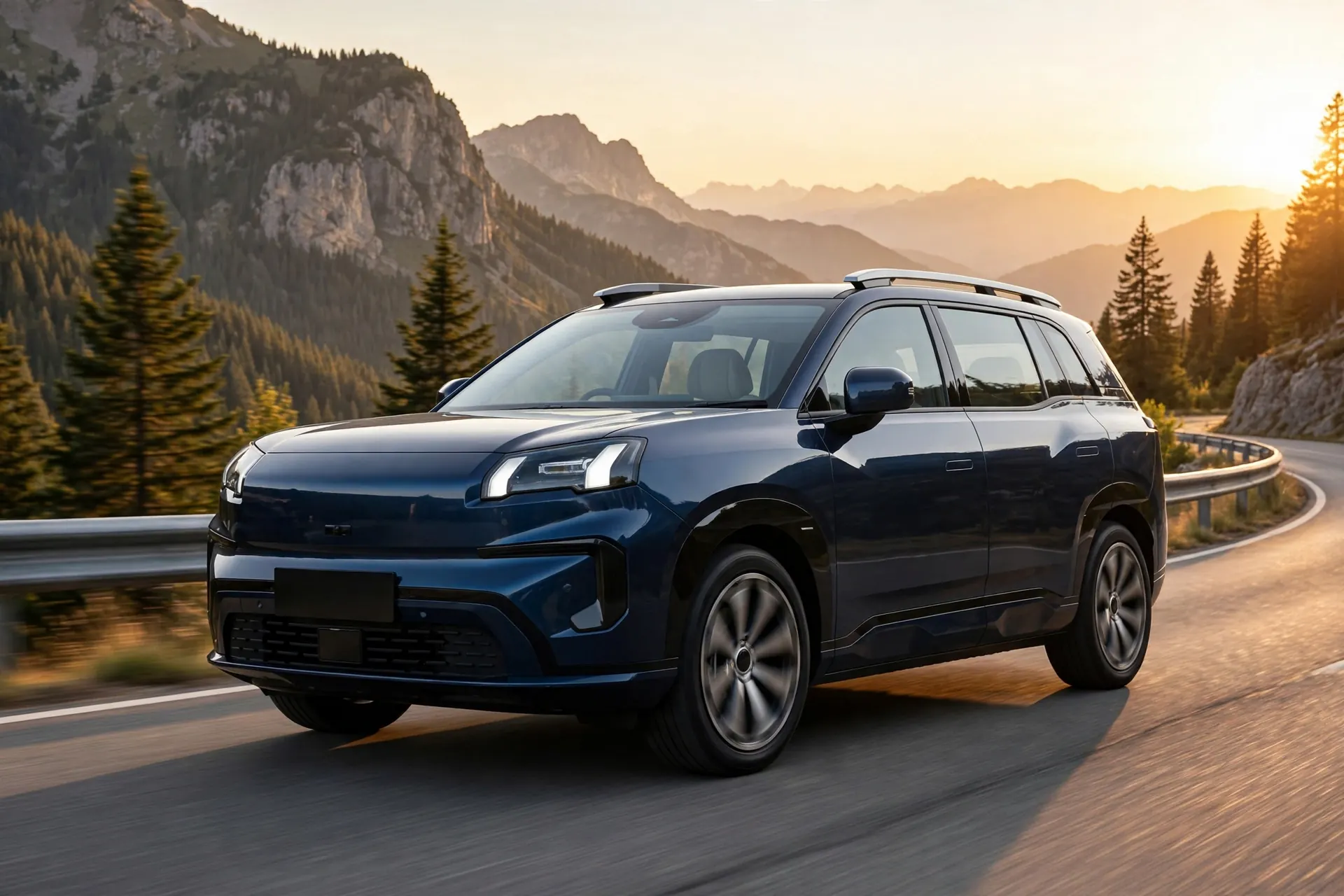 Aion V eléctrico azul en carretera de montaña al atardecer