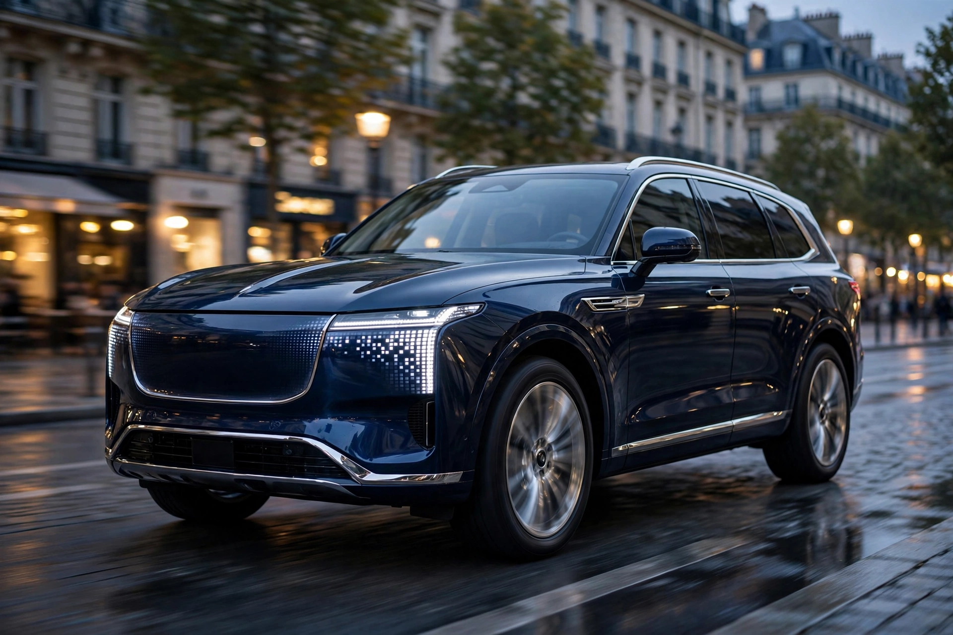 SUV de lujo azul oscuro de gran tamaño circulando por una avenida europea al anochecer