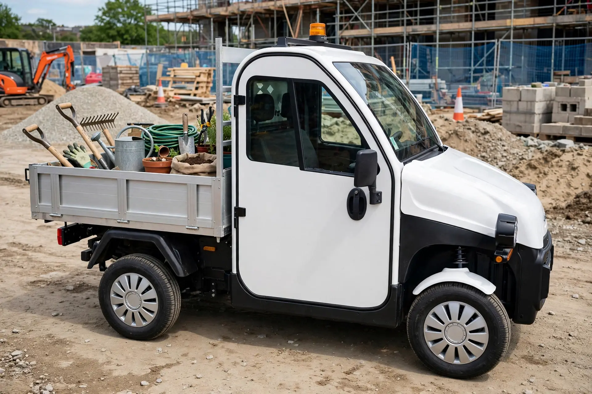 Aixam e-Truck Plataforma Aluminio eléctrico con carga en polígono