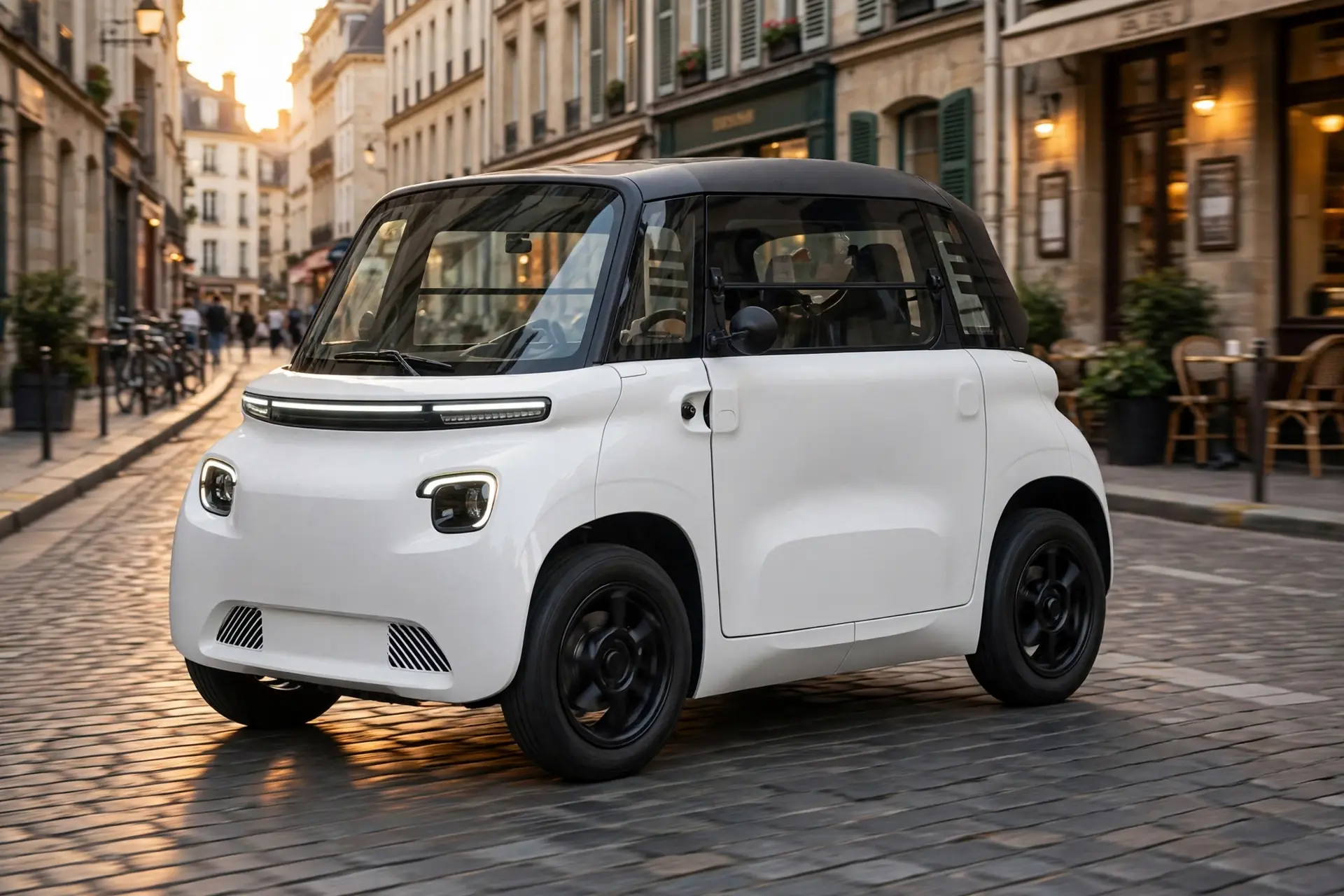 Aixam Easy Chic eléctrico bitono con techo negro en ciudad