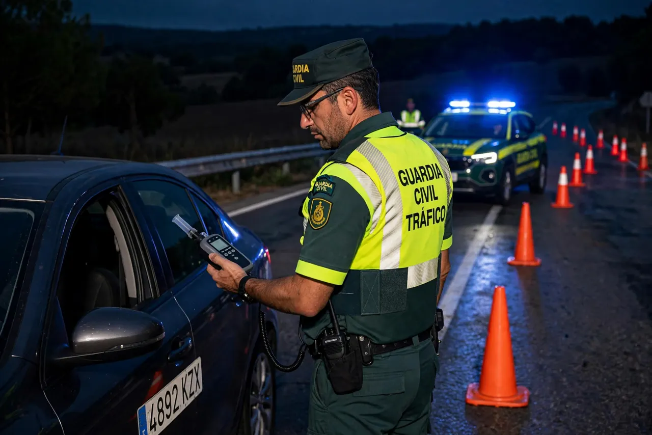 Agente de la Guardia Civil de Tráfico con etilómetro en un control de alcoholemia nocturno