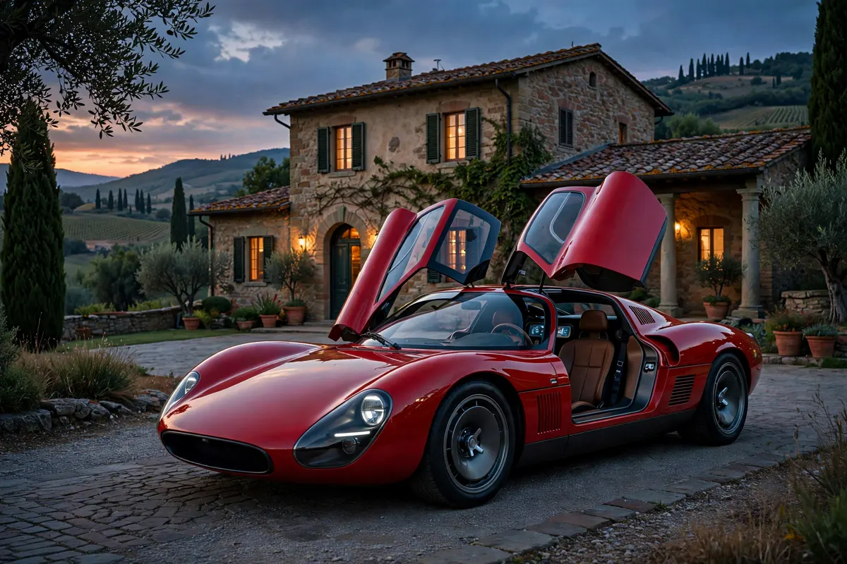 Alfa Romeo 33 Stradale Elettrica rojo con puertas de mariposa abiertas