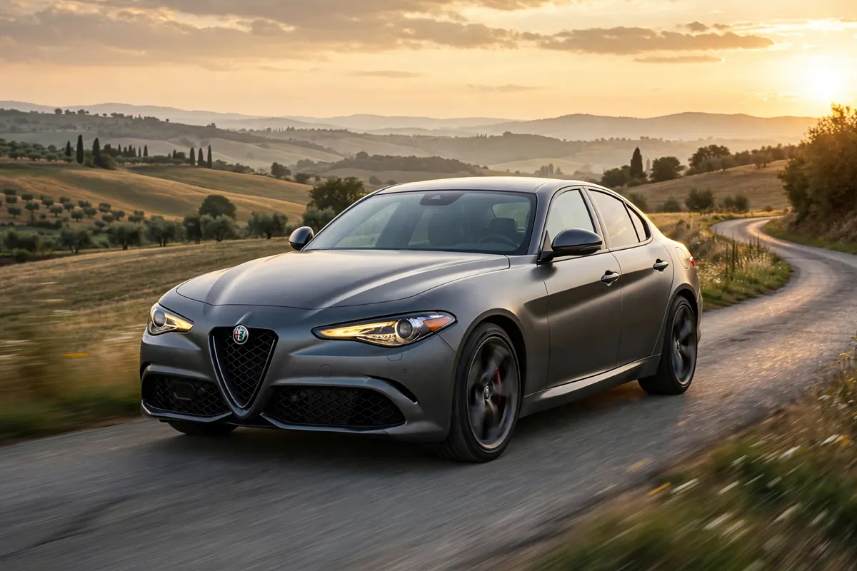 Alfa Romeo Giulia Diésel azul, tres cuartos trasero al atardecer