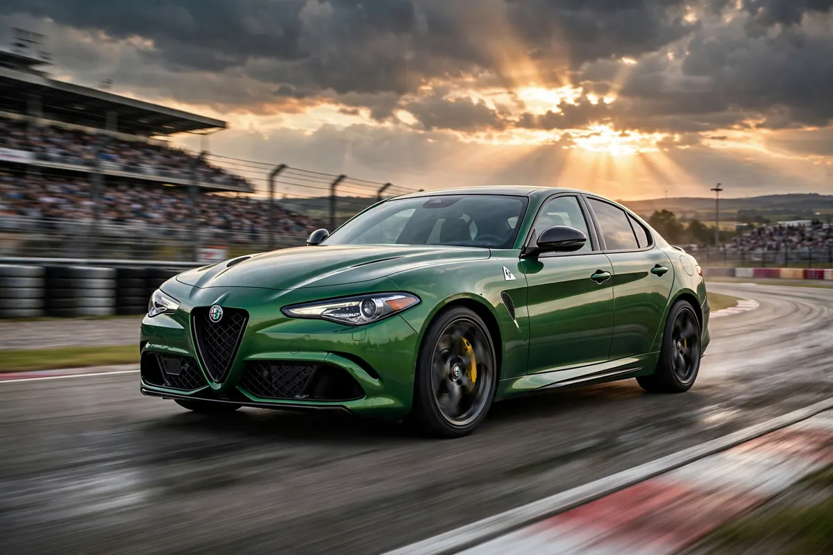 Alfa Romeo Giulia Quadrifoglio verde en el circuito del Jarama