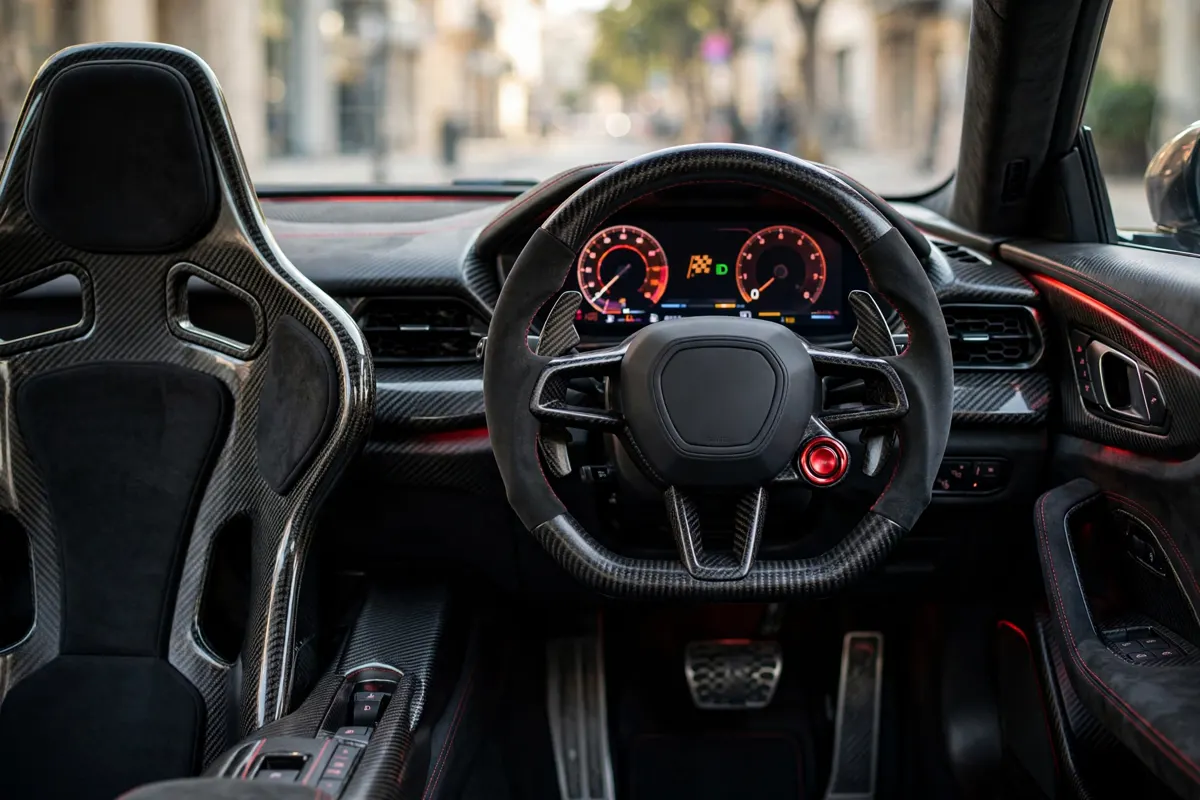 Interior del Giulia Quadrifoglio, fibra de carbono y trébol