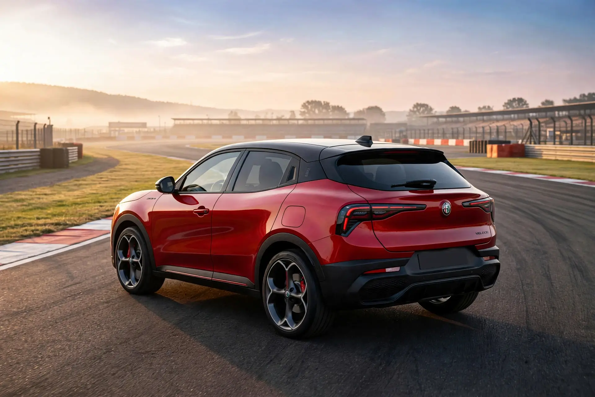 Alfa Romeo Junior Elettrica Veloce rojo con techo negro, tres cuartos trasero