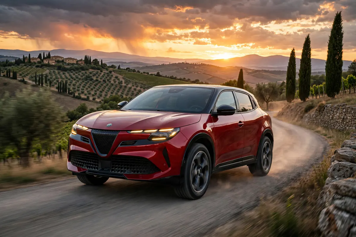 Alfa Romeo Junior Ibrida verde en una carretera de montaña al atardecer