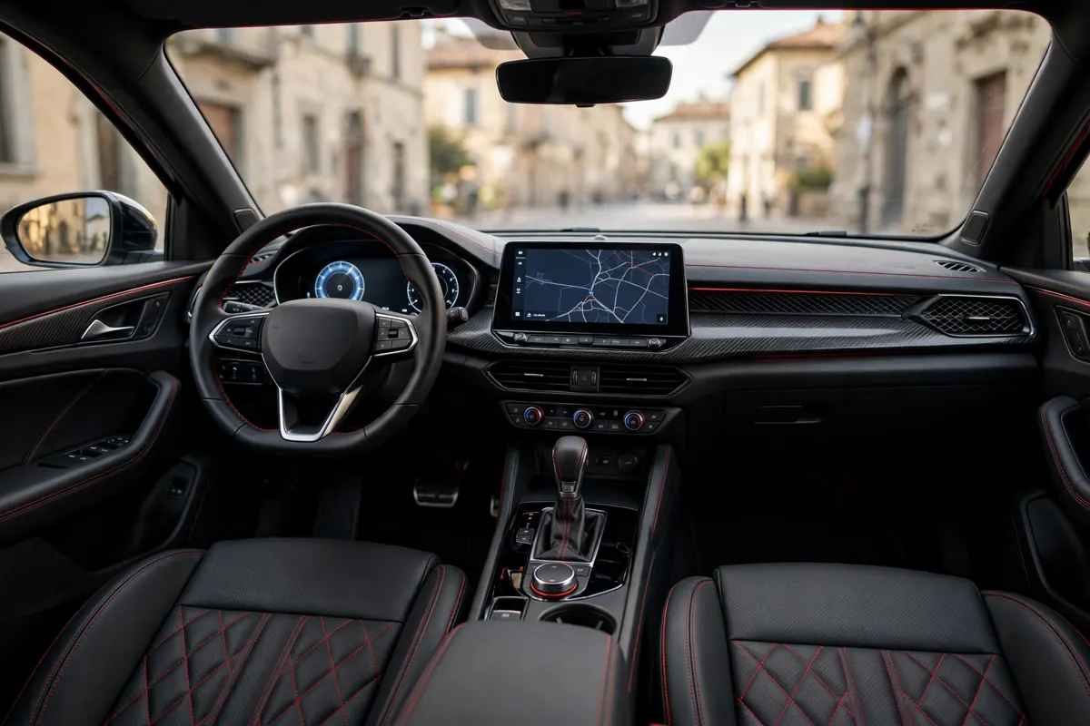Interior del Alfa Romeo Junior Ibrida, salpicadero y pantallas