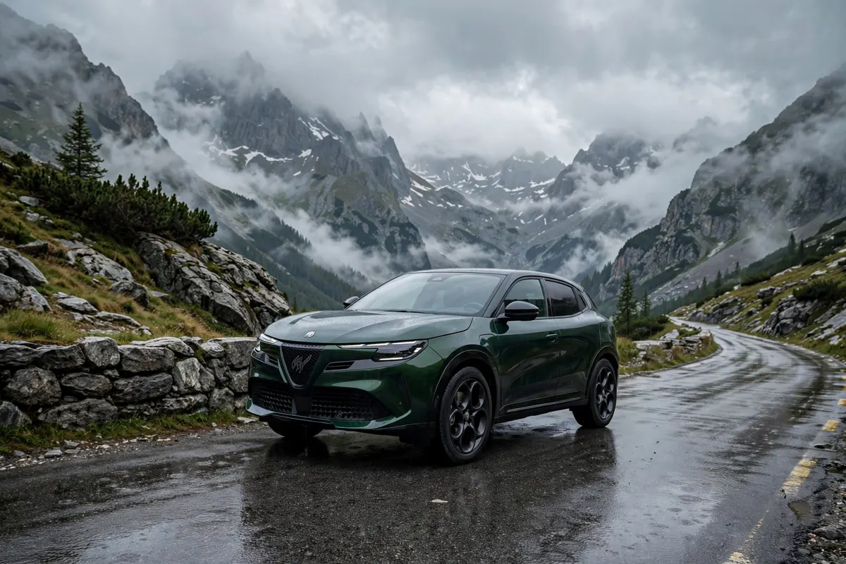 Alfa Romeo Junior Ibrida Q4 en una pista de montaña con barro