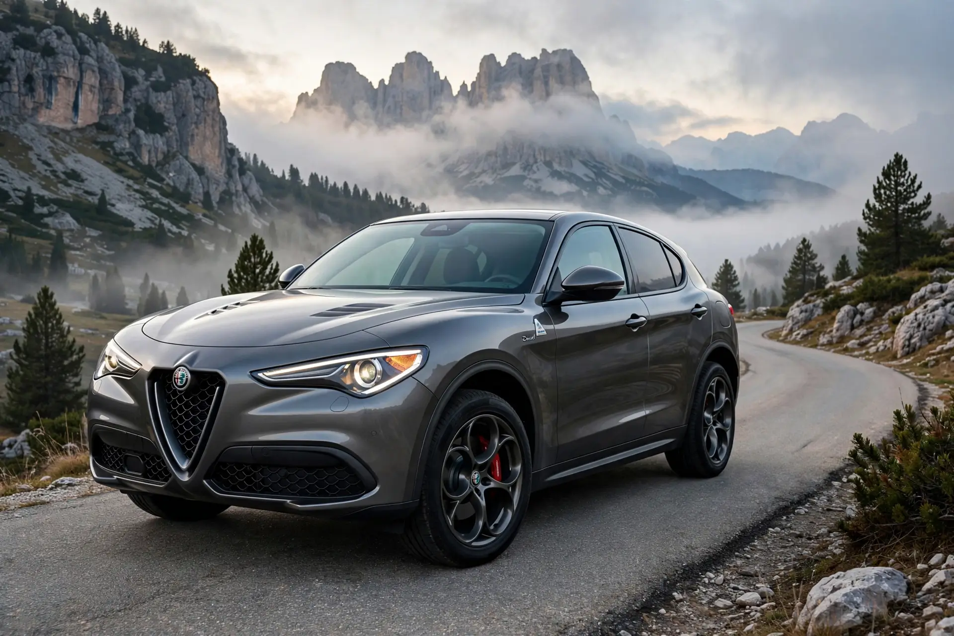 Alfa Romeo Stelvio 2.2 Diesel, tres cuartos delantero en montaña
