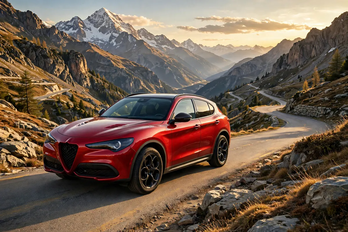 Alfa Romeo Stelvio 2.0 Turbo rojo en una carretera de montaña