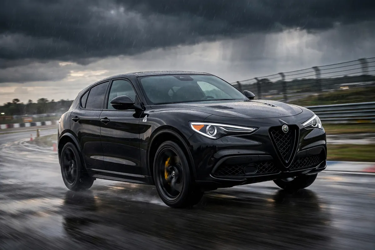 Alfa Romeo Stelvio Quadrifoglio negro Vulcano en el circuito del Jarama
