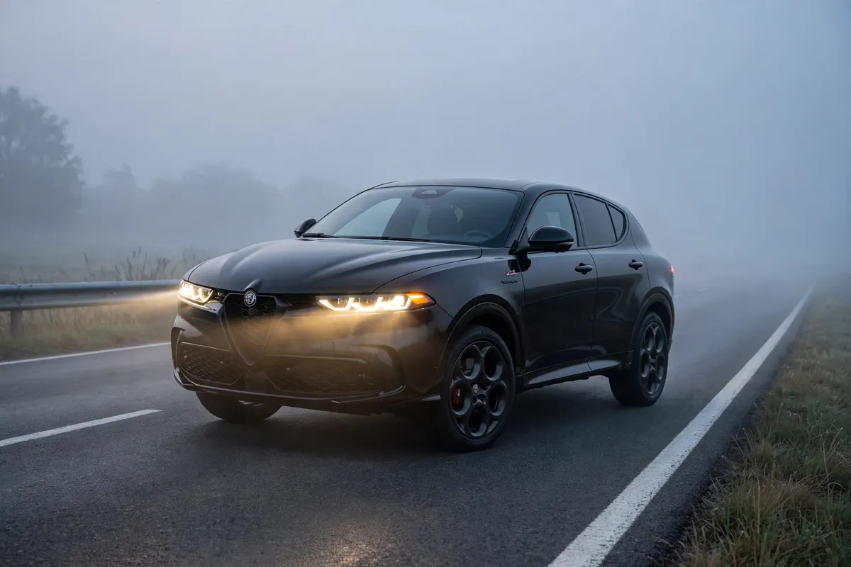 Alfa Romeo Tonale Ibrida gris, tres cuartos trasero en carretera