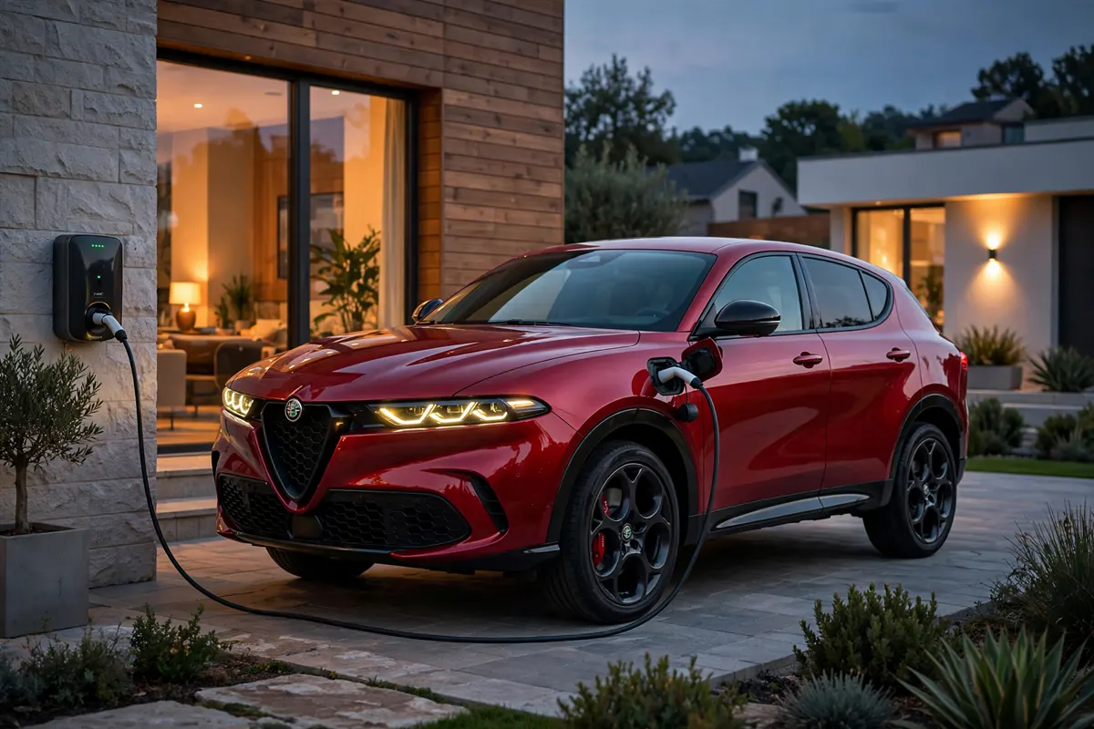 Alfa Romeo Tonale PHEV Q4 rojo, tres cuartos delantero de noche