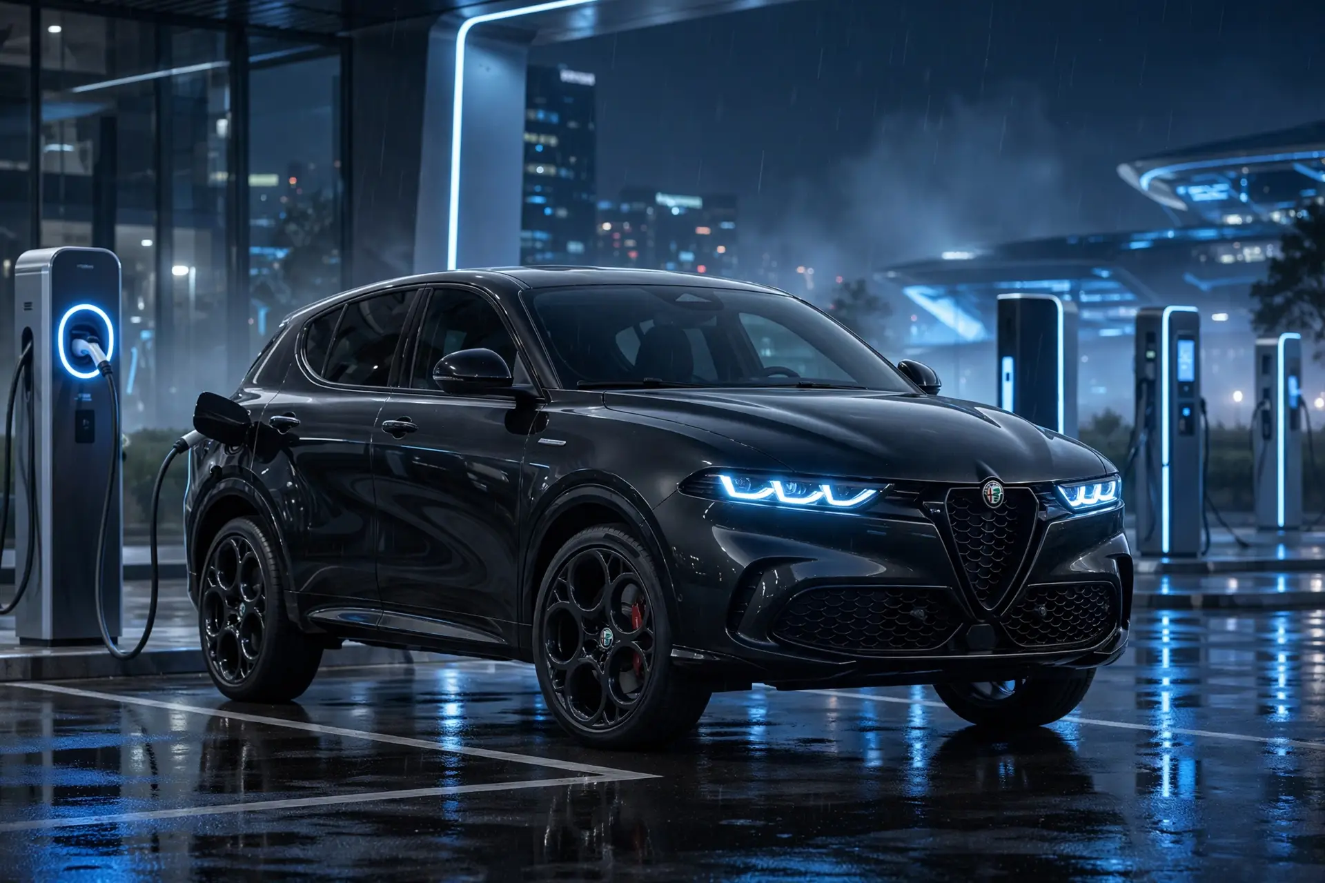 Alfa Romeo Tonale Plug-in Hybrid Q4 negro cargando de noche