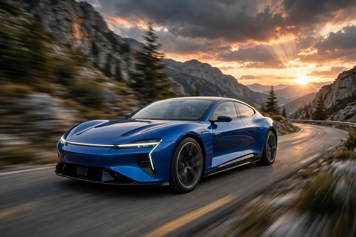 Alpine A390 GT azul en una carretera de montaña al atardecer