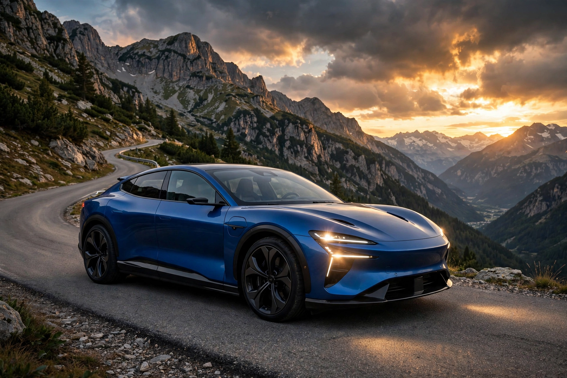 Deportivo fastback eléctrico azul circulando por una carretera de montaña en los Alpes franceses al atardecer