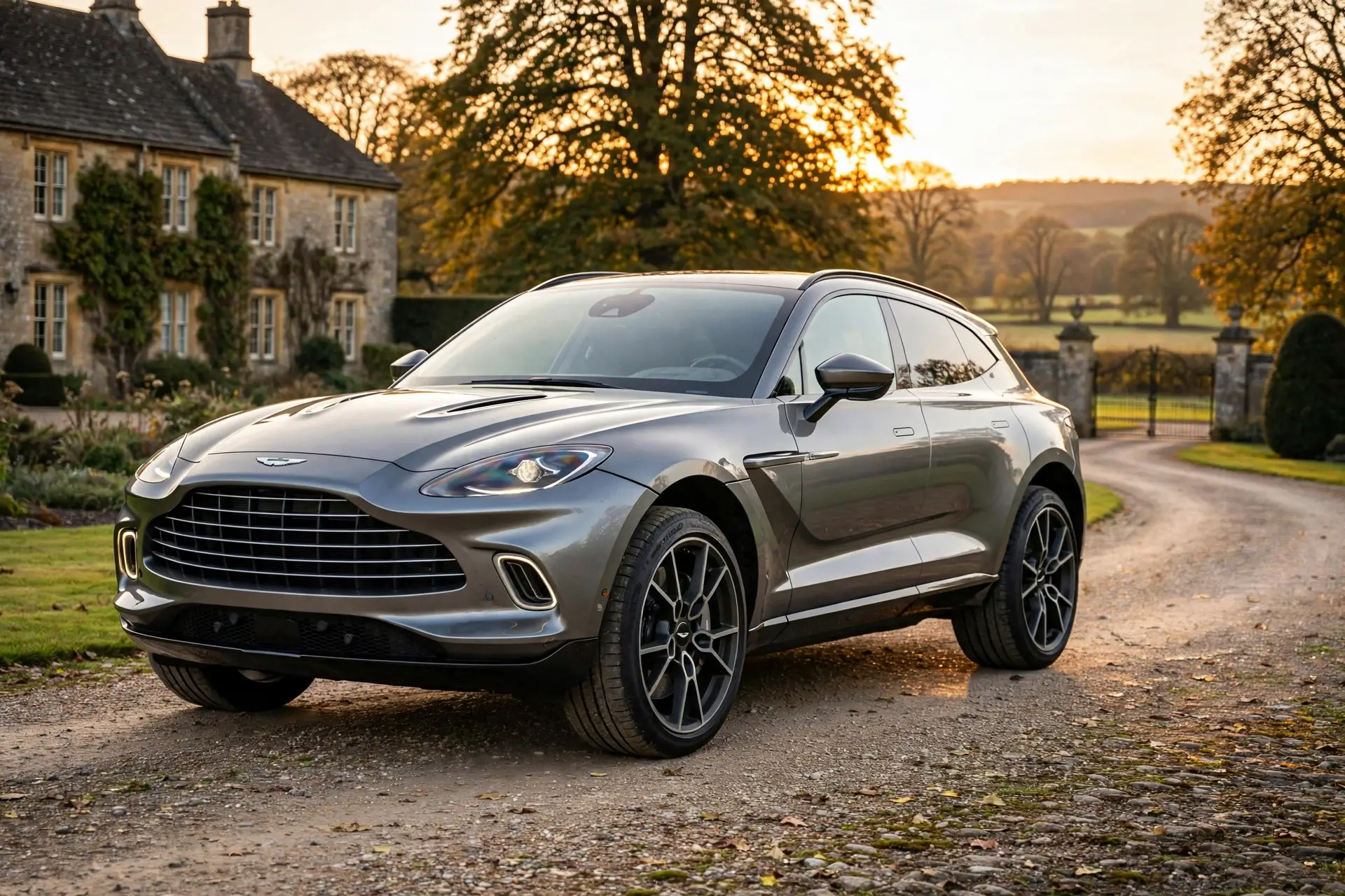 Aston Martin DBX en finca campestre al atardecer