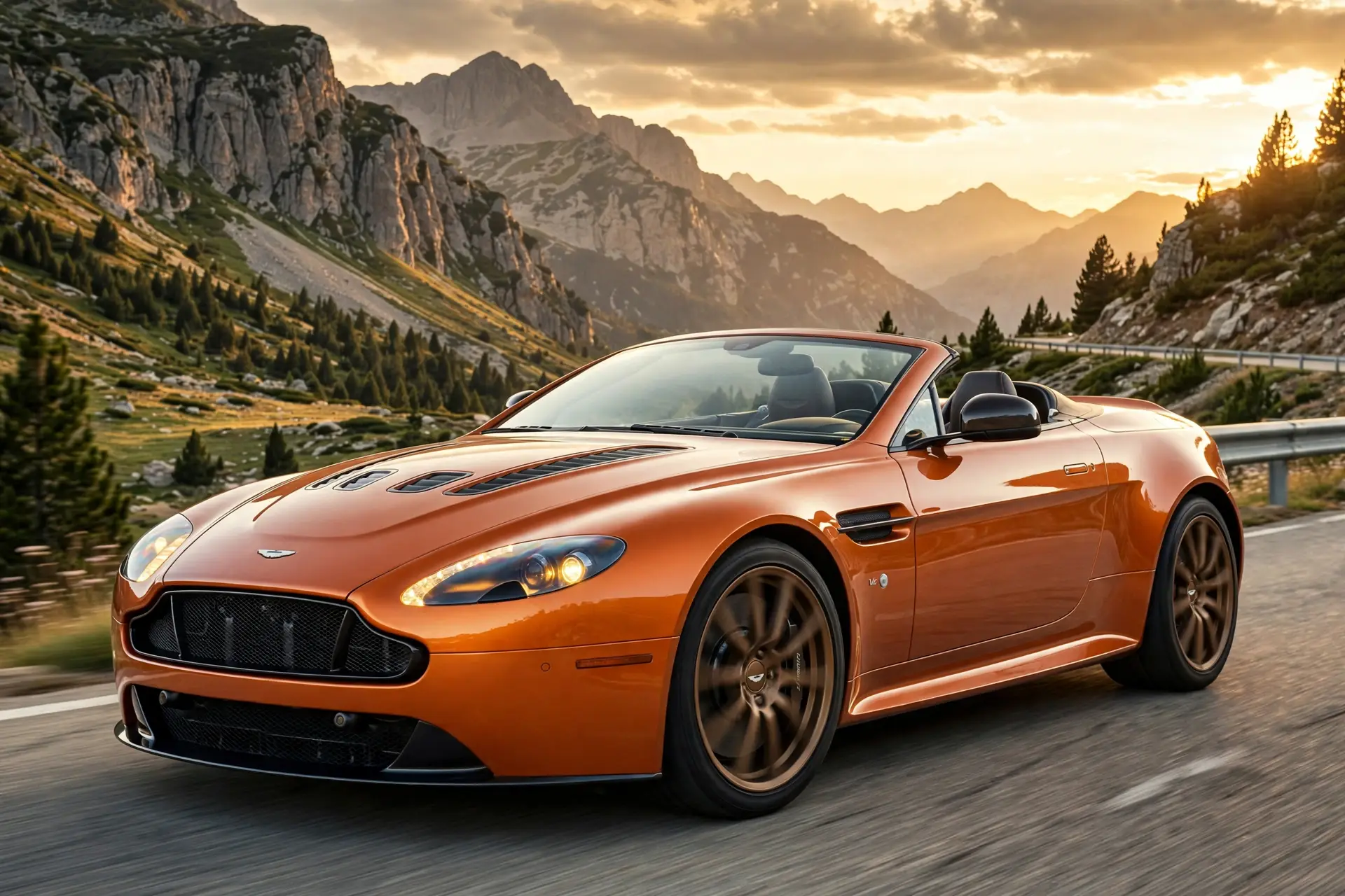 Vantage S Roadster en puerto de montaña al atardecer
