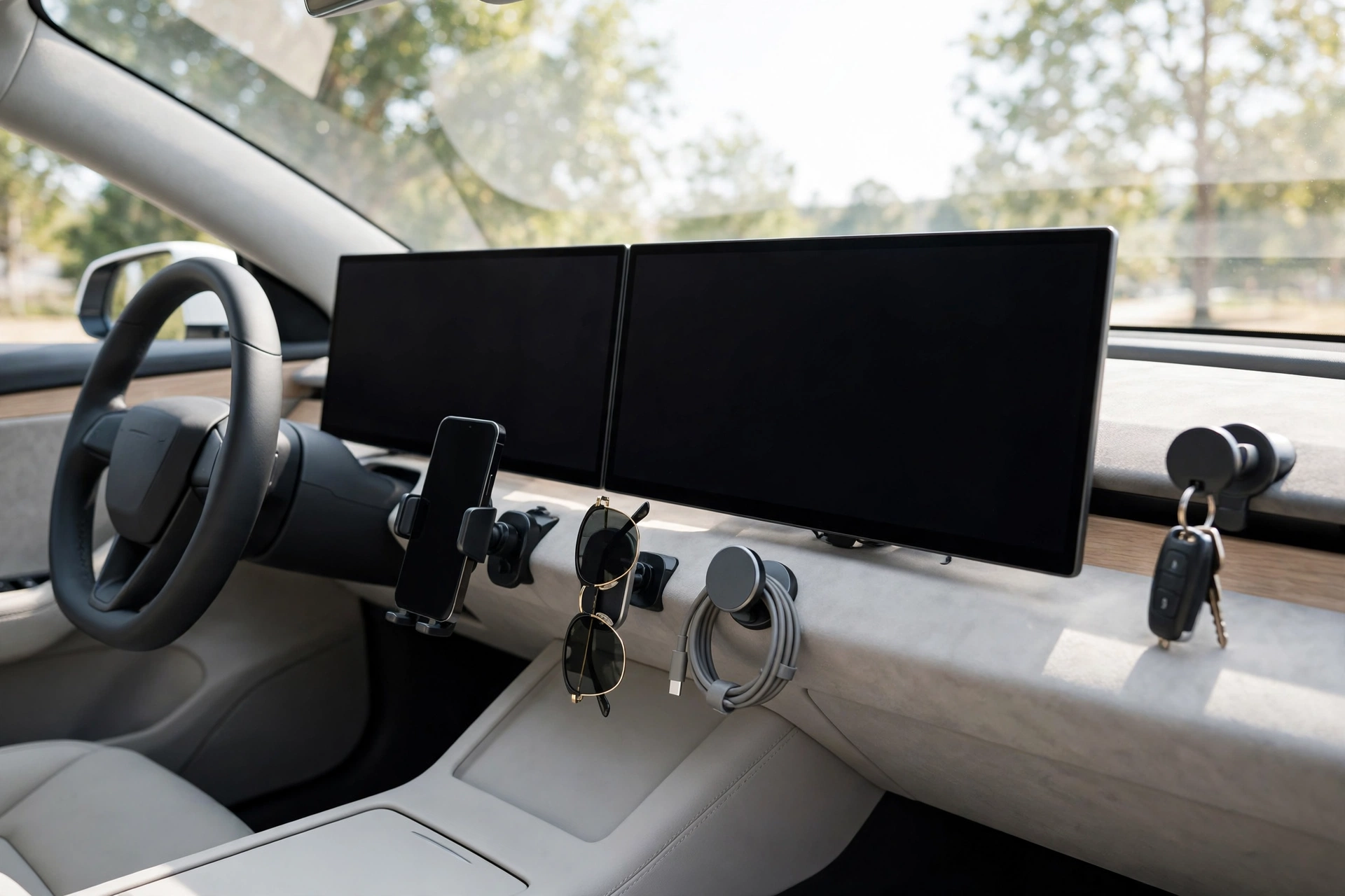 Interior del Audi A2 e-tron con pantallas grandes y fijación magnética
