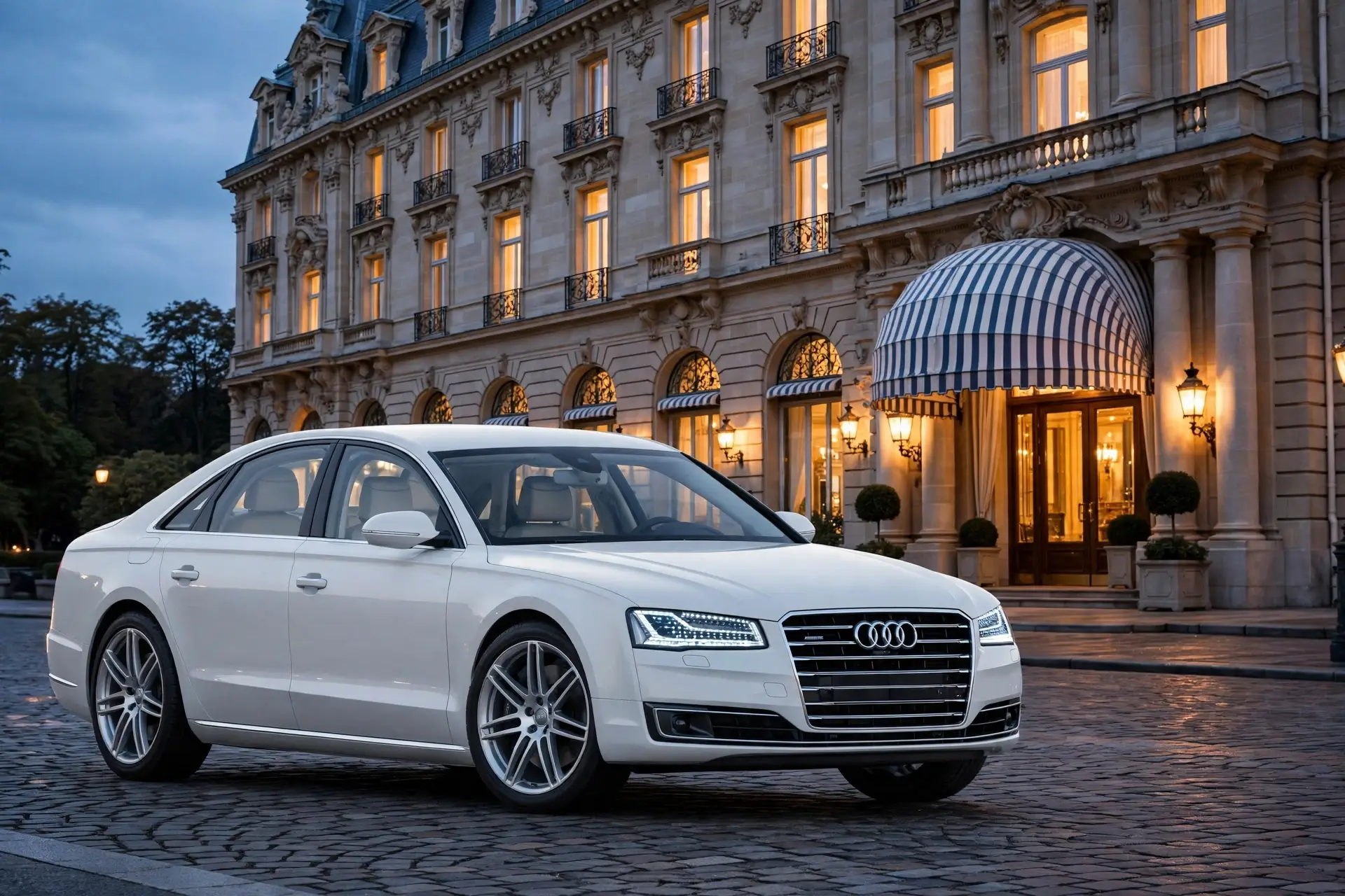Audi A8 frente a hotel de lujo