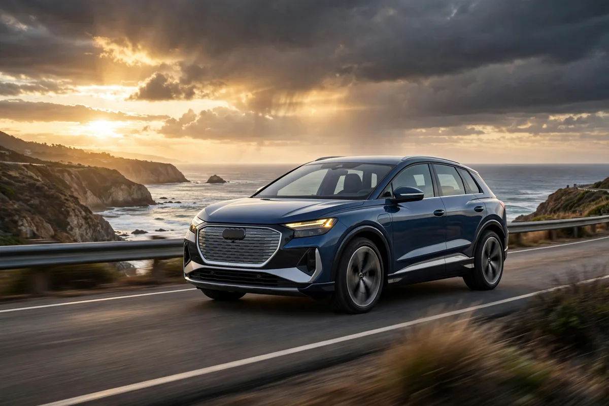 Audi Q4 e-tron 2025 en carretera costera al atardecer