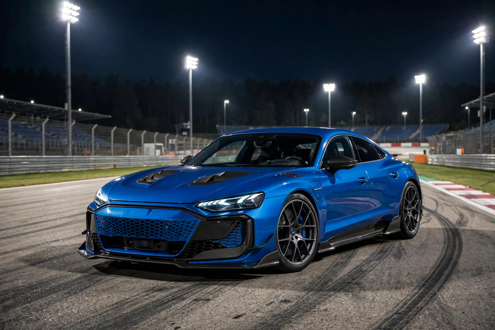 Audi RS e-tron GT azul en circuito nocturno