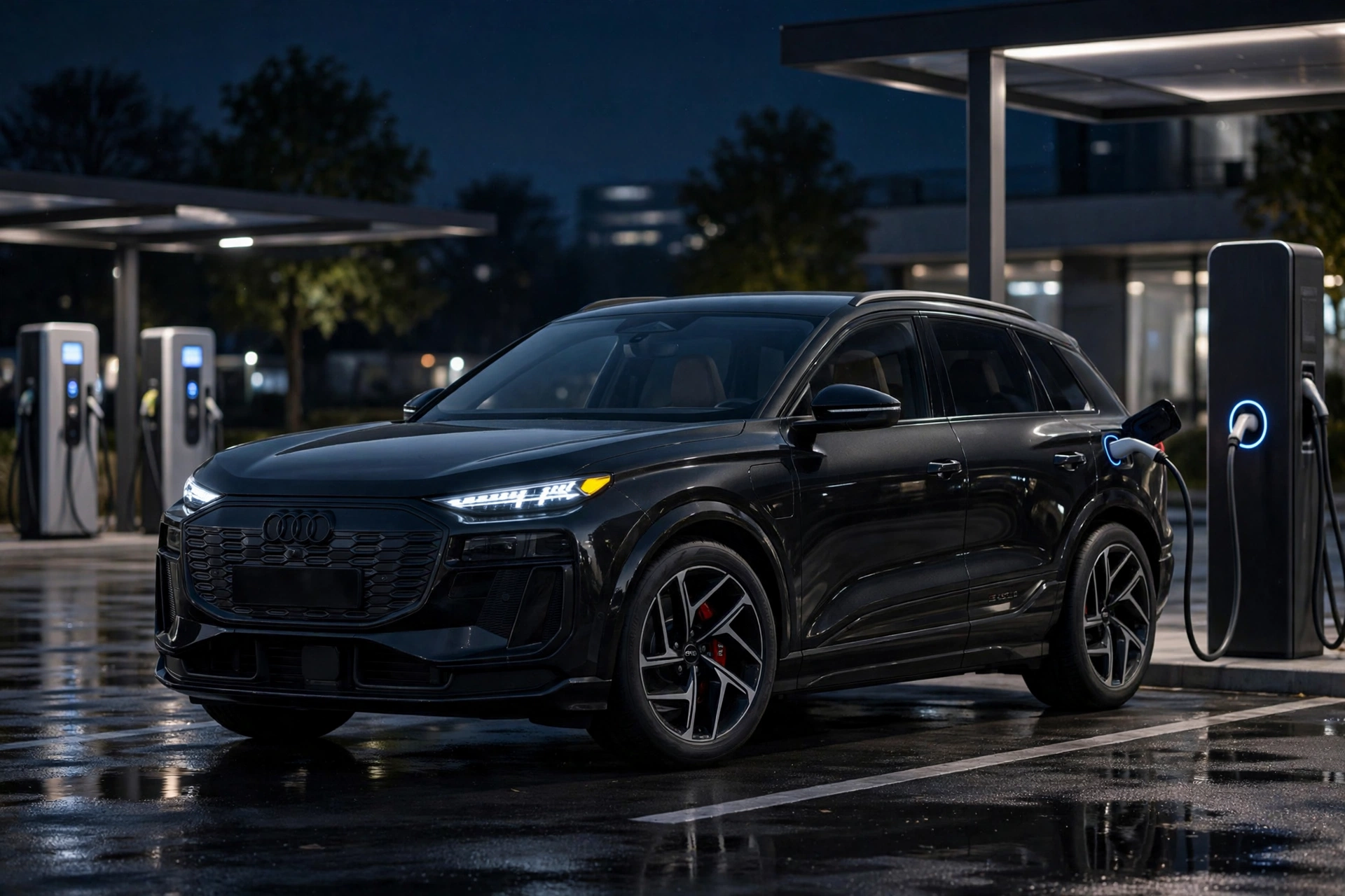 Audi SQ6 e-tron cargando de noche
