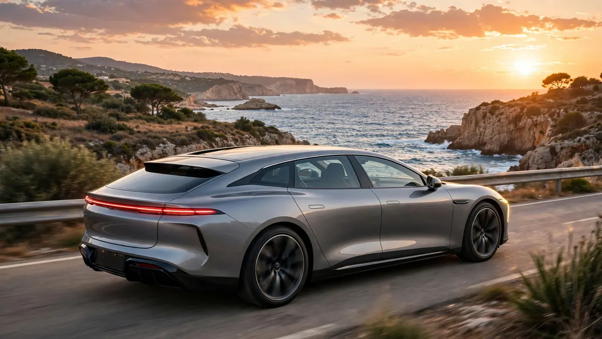 Familiar eléctrico deportivo chino de color gris circulando por una carretera de costa al atardecer