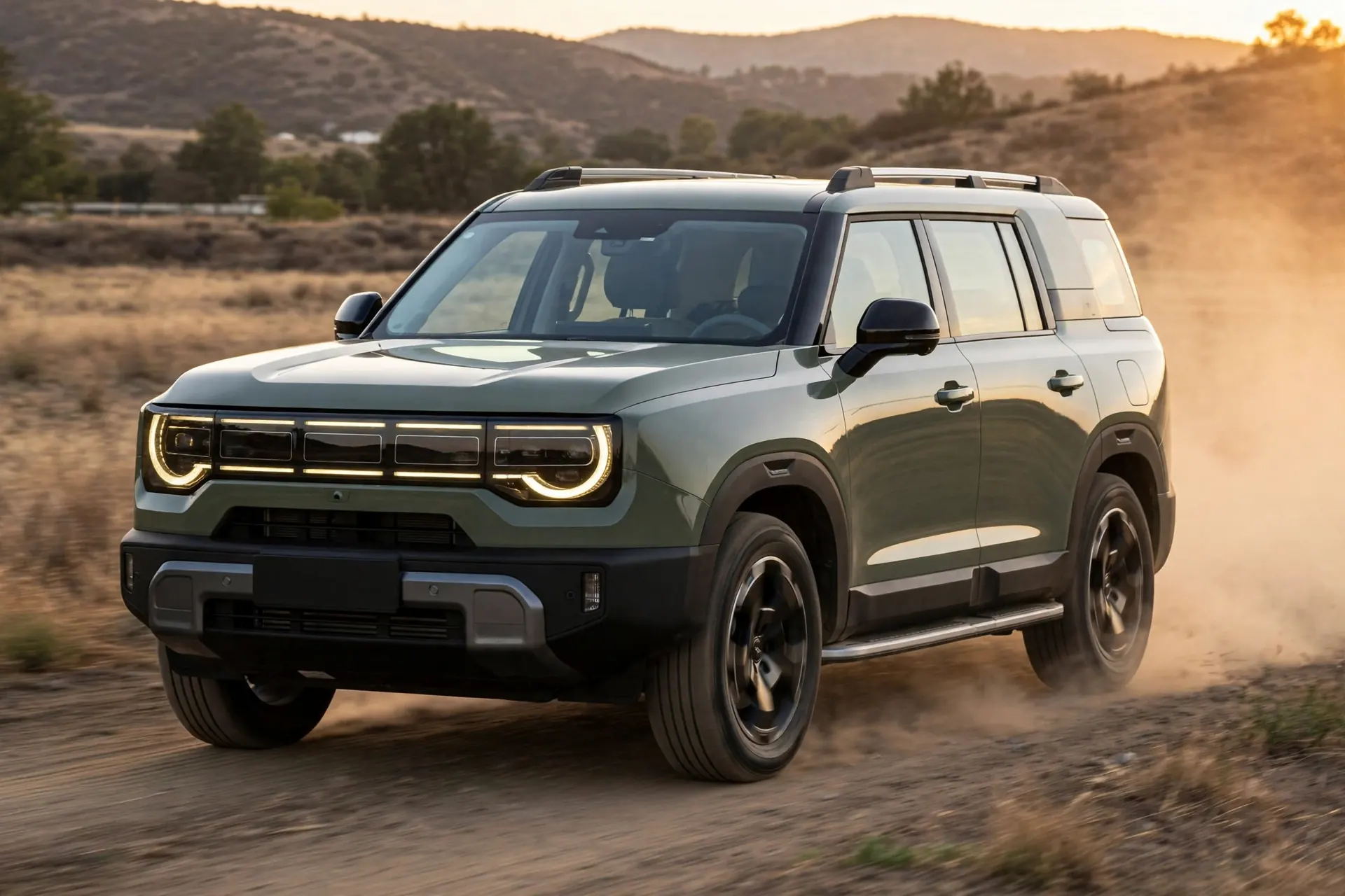 Beijing BJ30 HEV 4x4, tres cuartos delantero en pista de tierra
