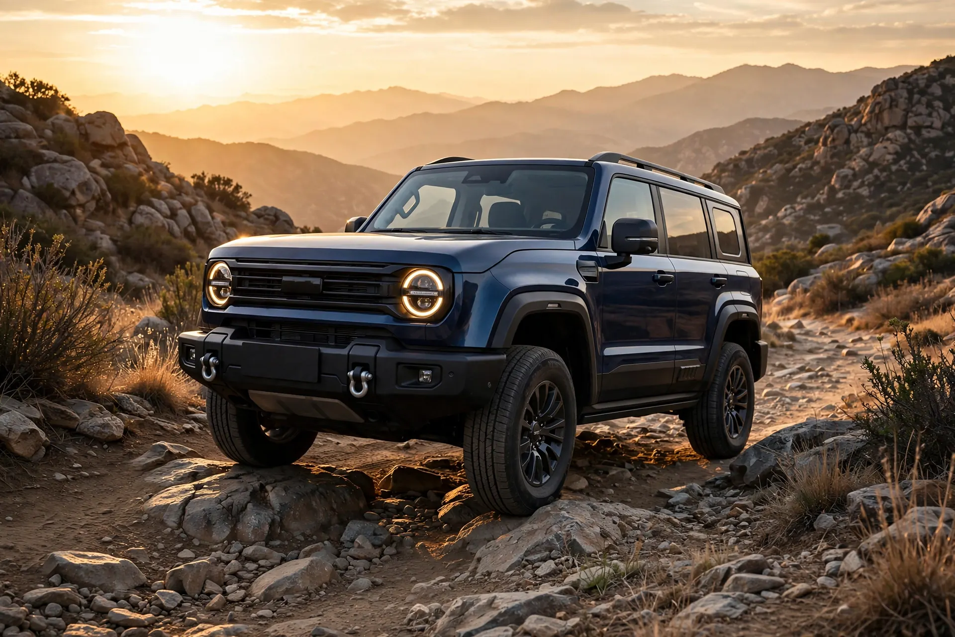 Beijing BJ40, tres cuartos delantero en terreno rocoso