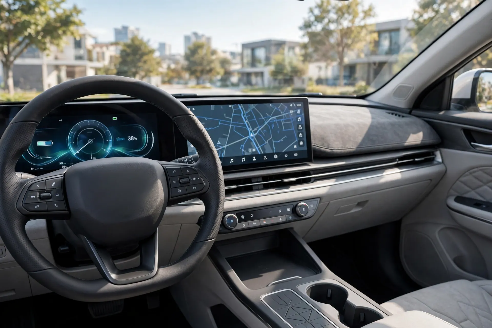 Interior del Beijing X55 con doble pantalla