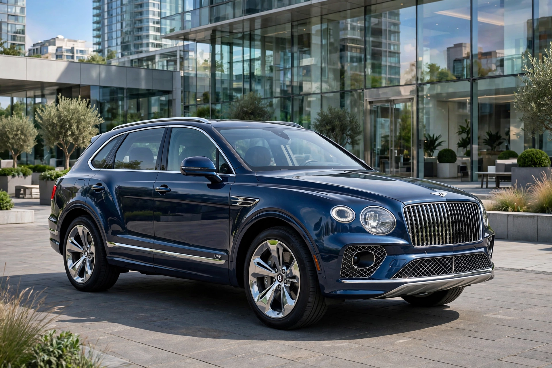 Bentley Bentayga EWB 2026, SUV de batalla larga, frente a un edificio emblemático