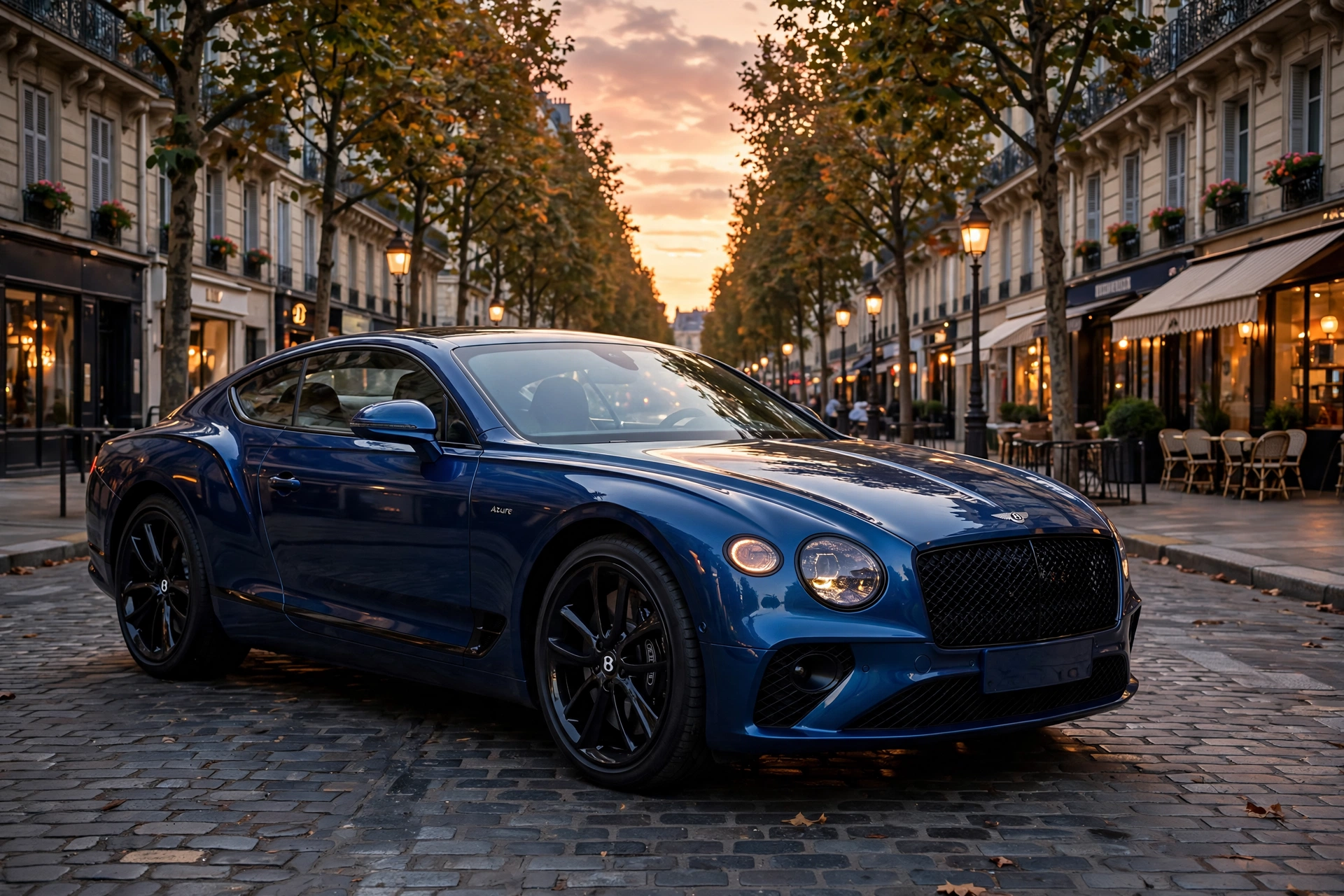 Bentley Continental GT Azure en una avenida europea al atardecer