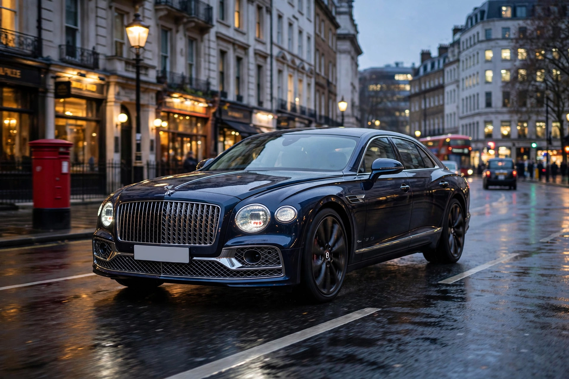 Bentley Flying Spur 2026, berlina de lujo híbrida enchufable, circulando por una gran avenida