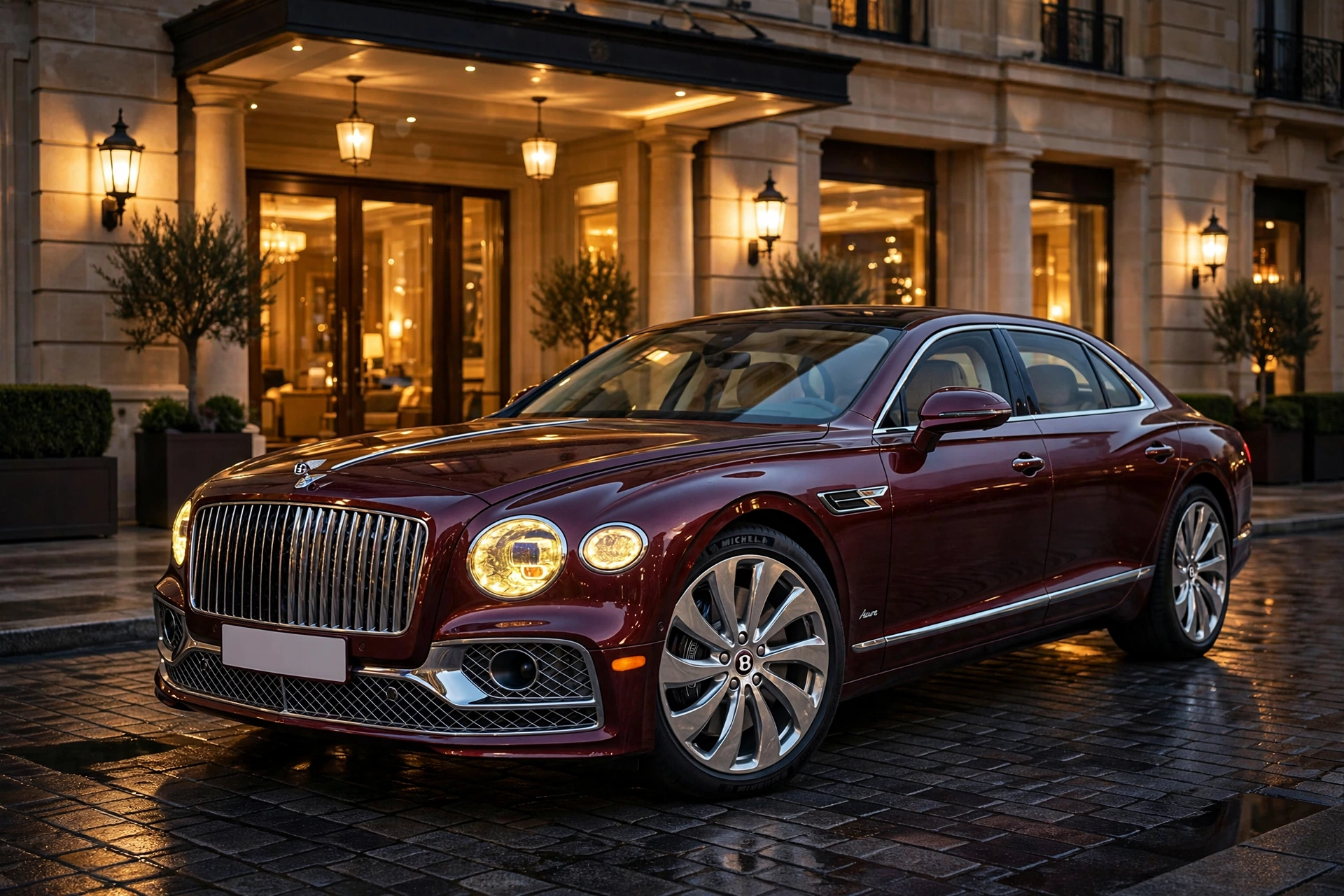 Bentley Flying Spur Azure 2026, la berlina más confortable, frente a un hotel de lujo