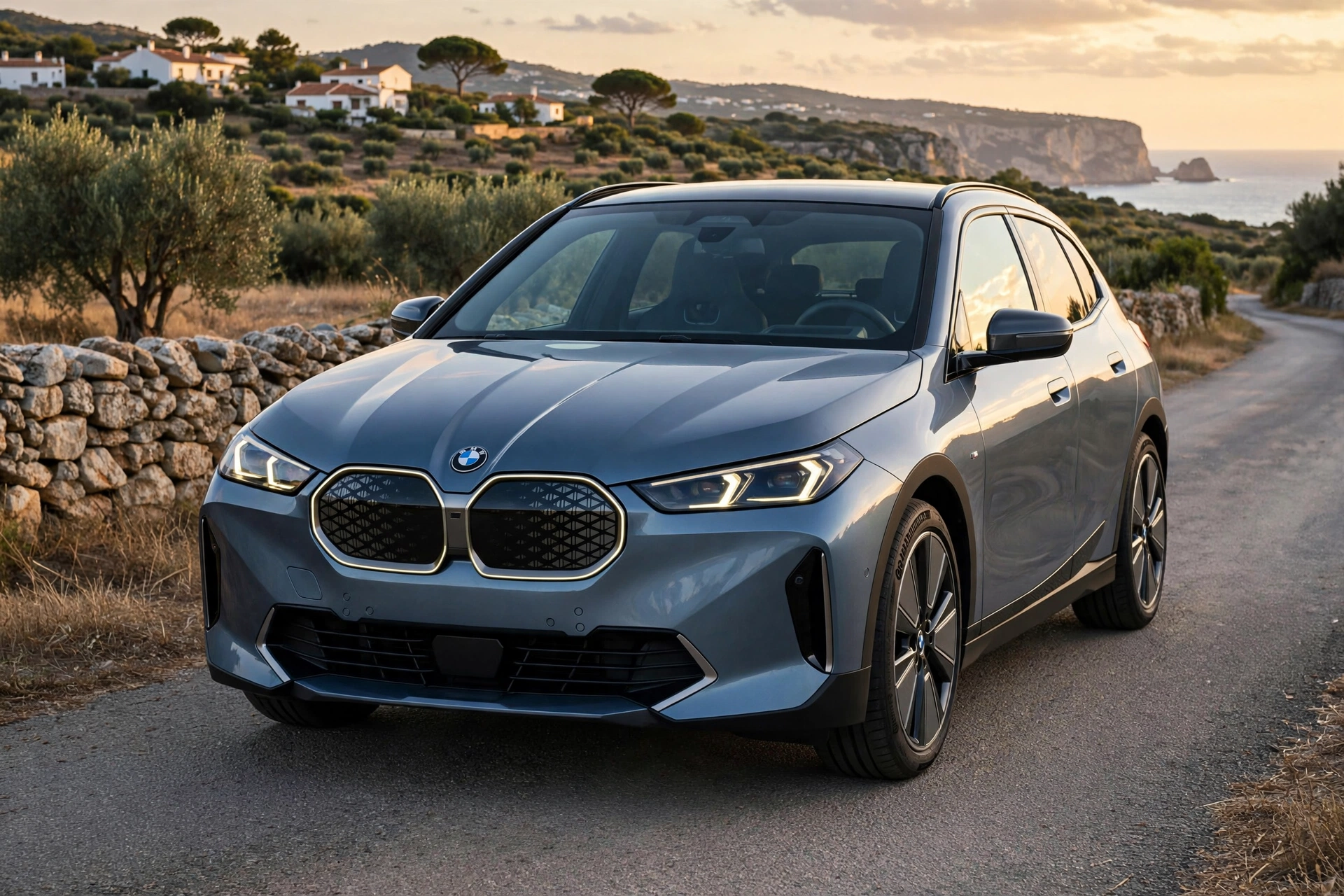 BMW i1 2028 en tres cuartos delantero al atardecer, imagen editorial