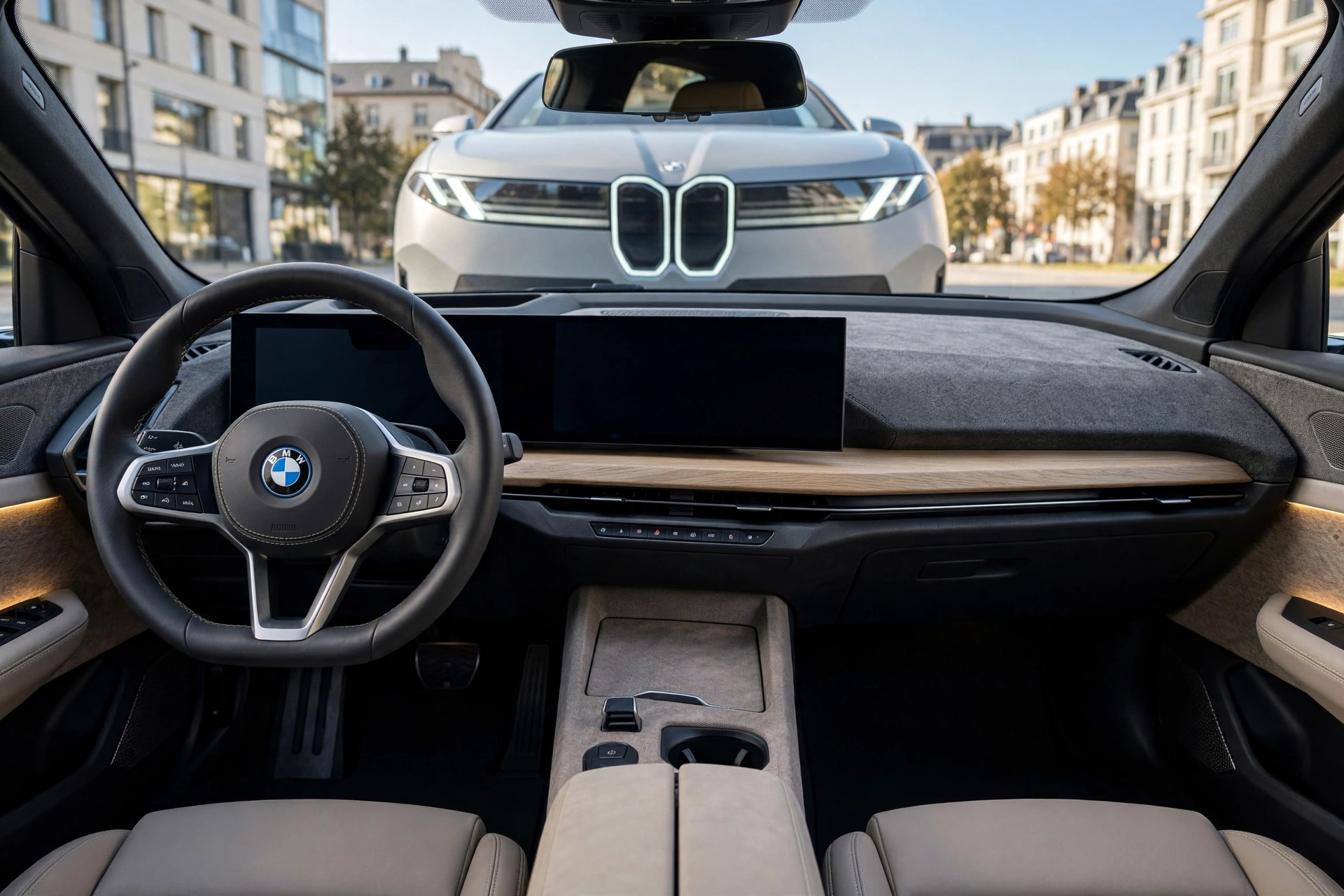 Interior del BMW i1 2028 con pantalla táctil central, imagen editorial