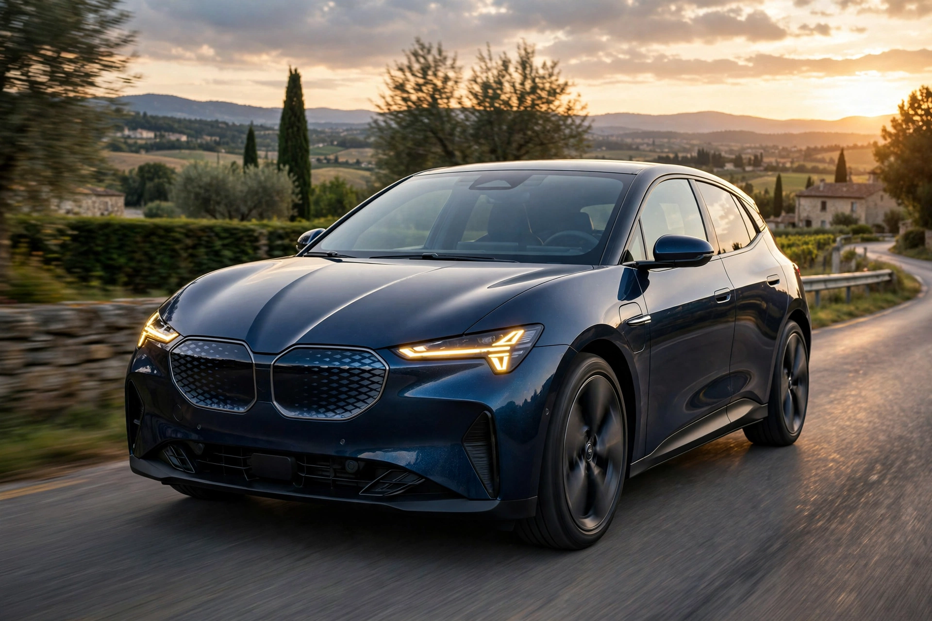 Compacto eléctrico azul oscuro de estilo BMW circulando por una carretera europea al atardecer