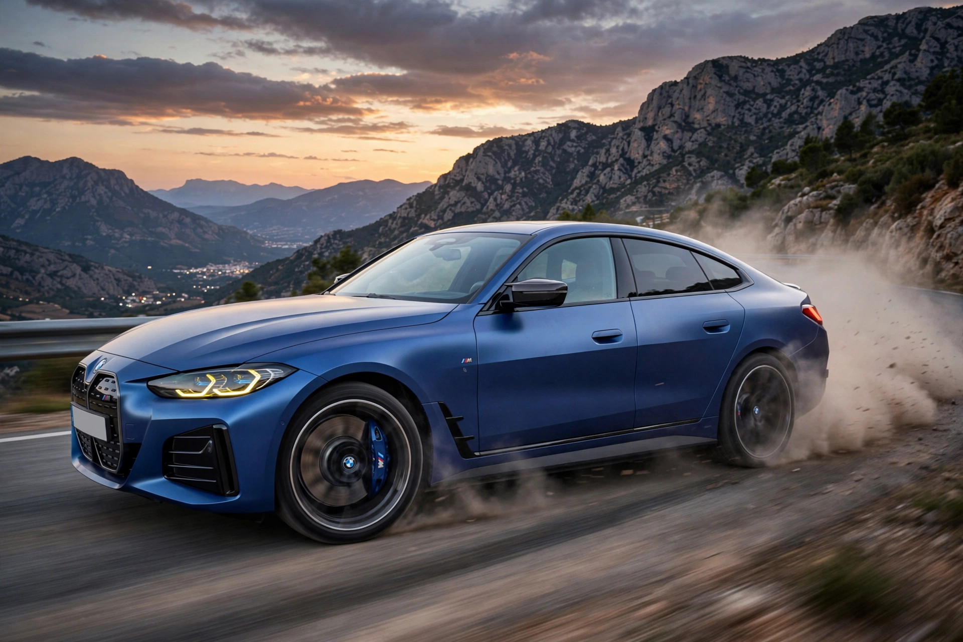 BMW i4 M50 xDrive en puerto de montaña al atardecer