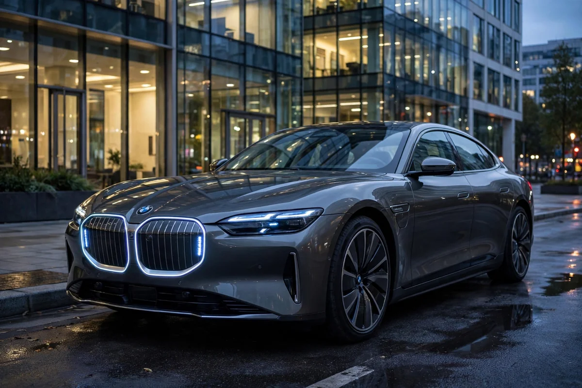 BMW i5 M60 xDrive gris oscuro frente a edificio moderno al atardecer