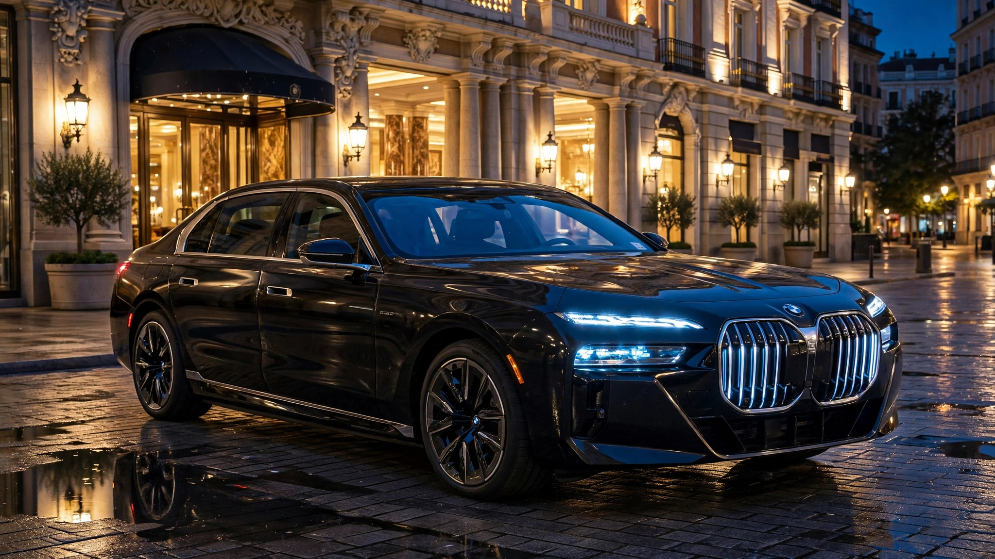 BMW i7 xDrive60 frente a un hotel de lujo en Madrid