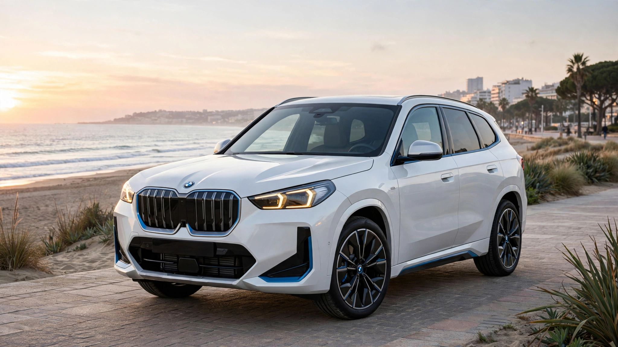 BMW iX1 xDrive30 en la playa de Valencia al amanecer