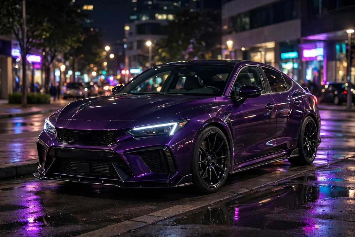 BMW M235 xDrive Gran Coupé morado en calle urbana de noche