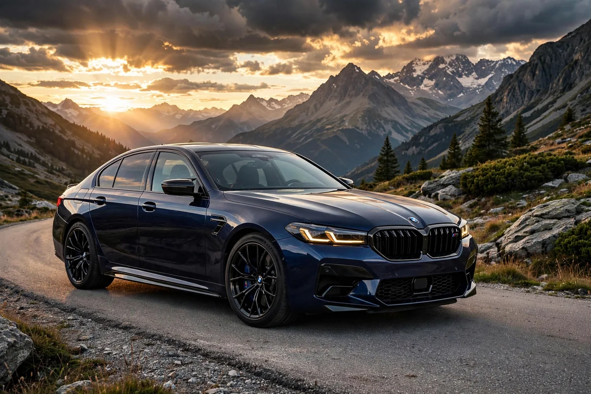 BMW M5 Berlina 2026 azul oscuro en carretera de montaña al atardecer