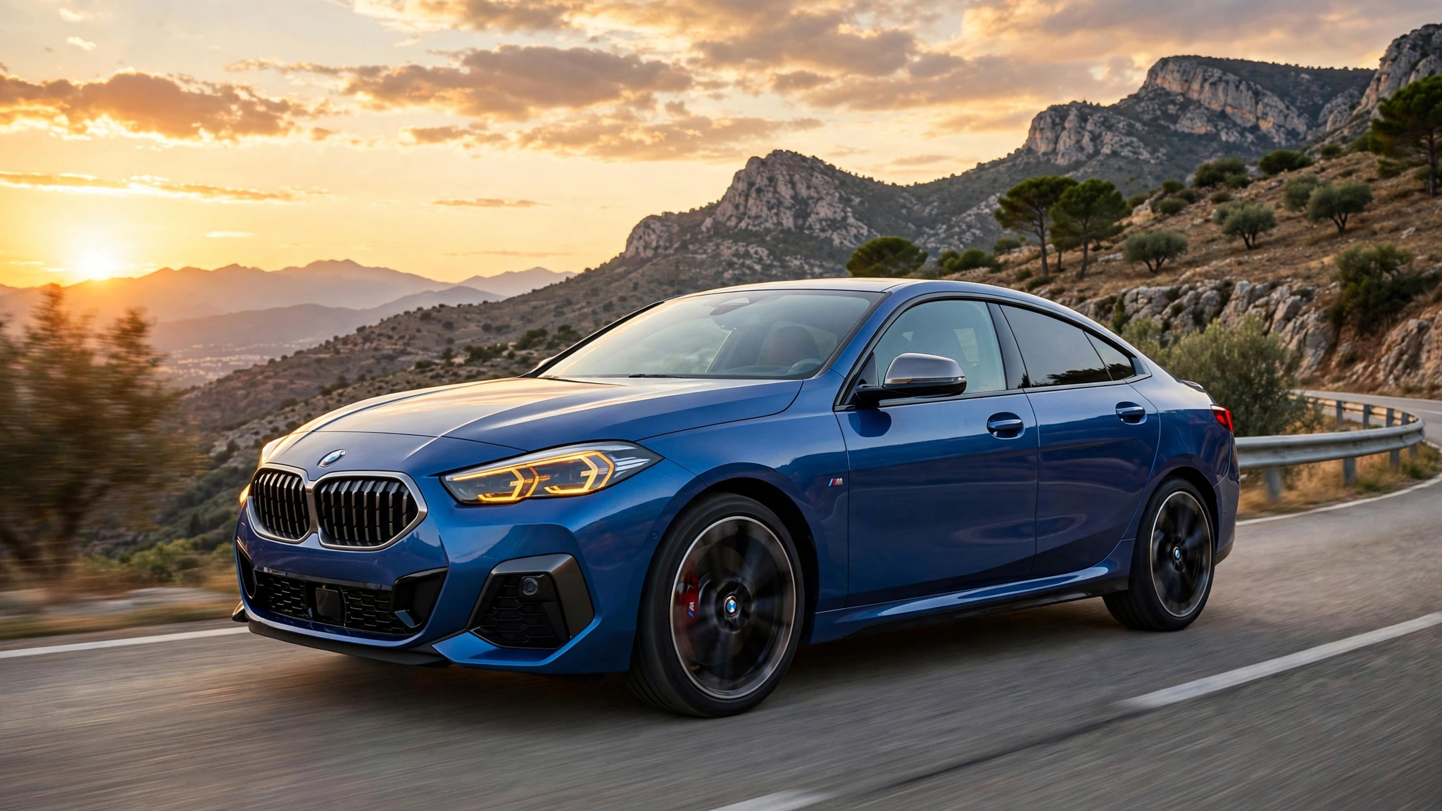 BMW Serie 2 Gran Coupé 220 azul en carretera de montaña