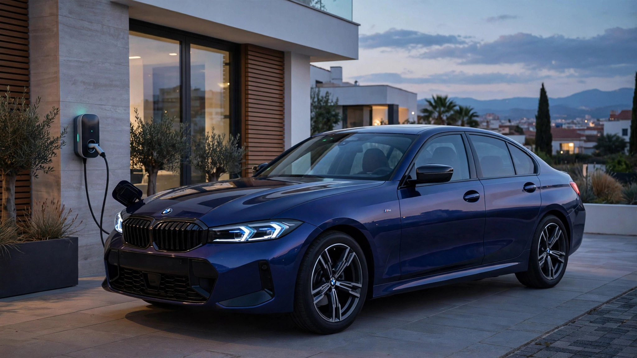 BMW Serie 3 330e cargando en casa al atardecer