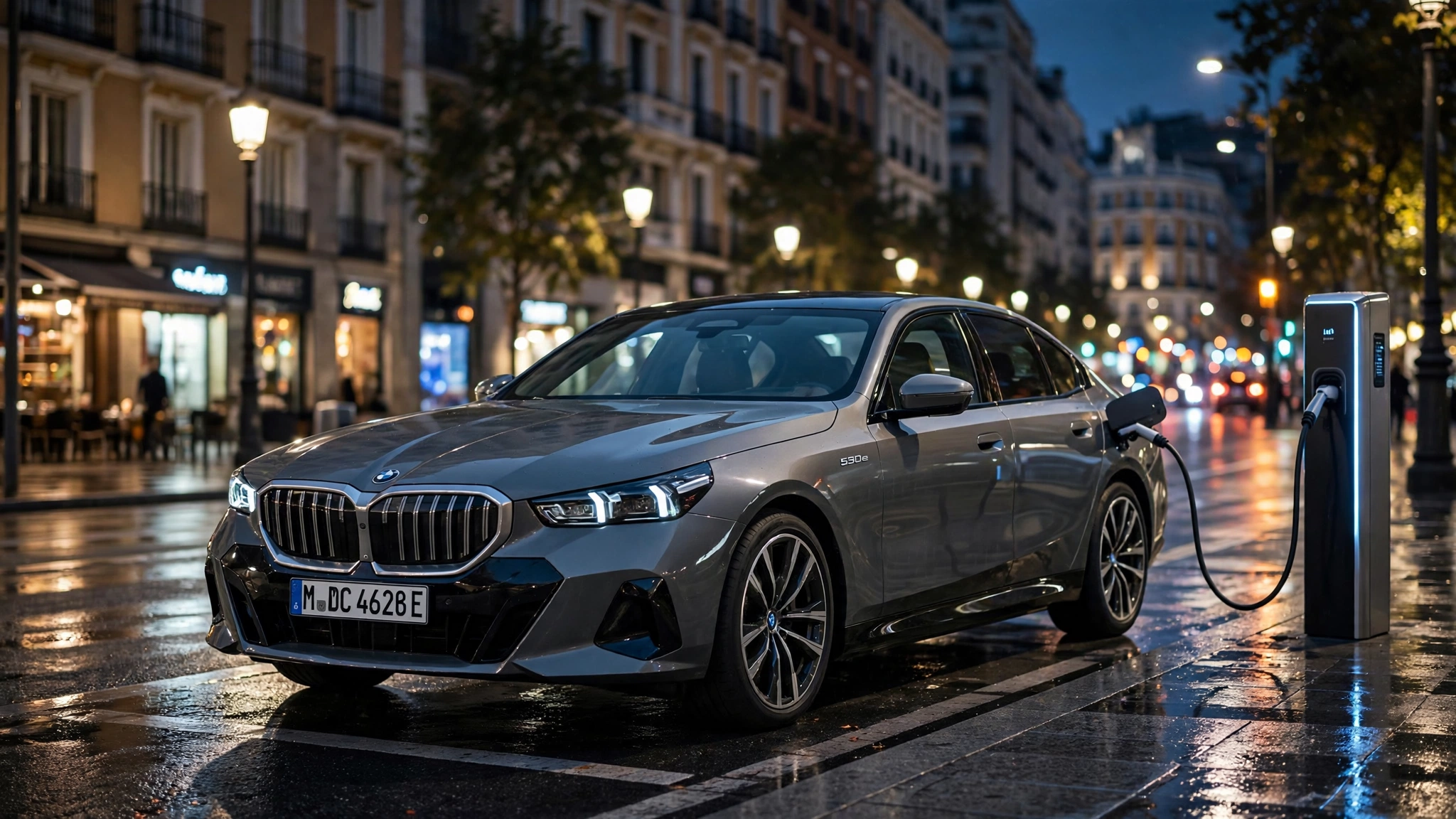 BMW Serie 5 530e cargando de noche en Madrid