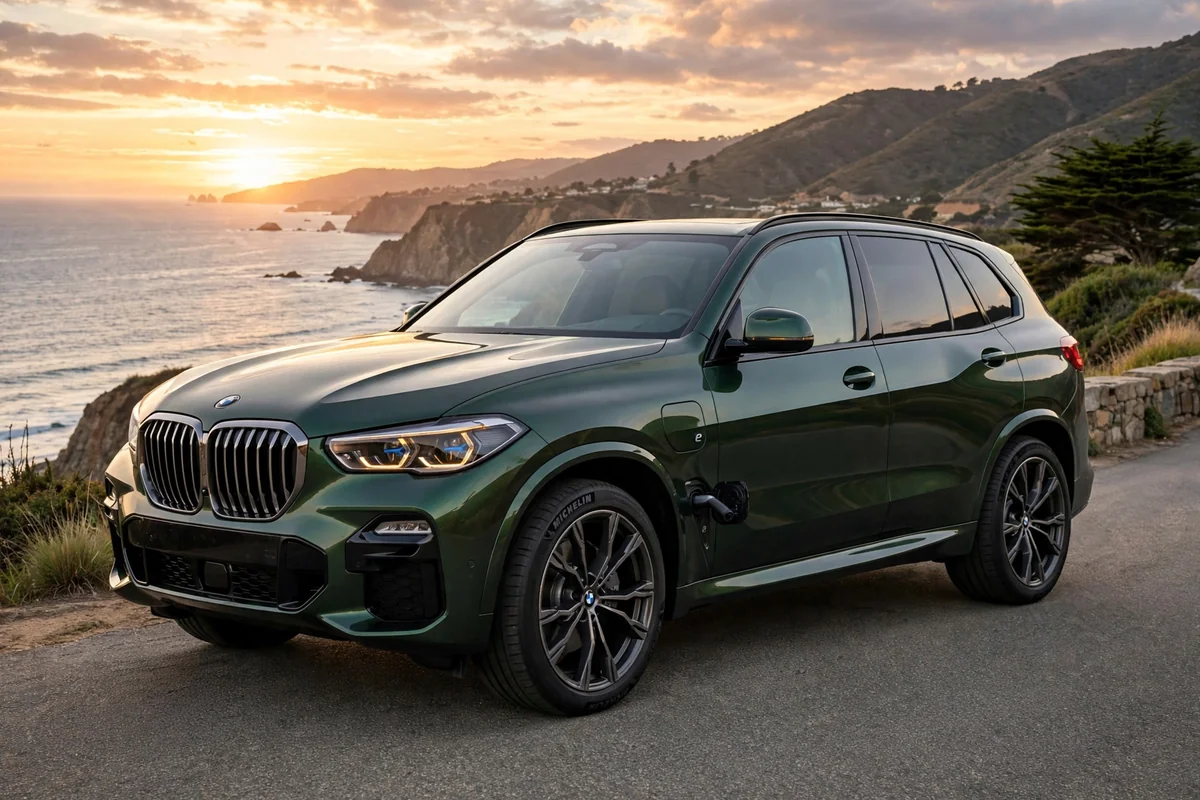 BMW X5 xDrive50e verde oscuro en carretera de costa al atardecer
